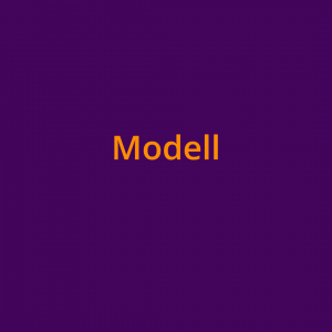 Das Wort "Modell" in orangefarbener Schrift auf lilfarbenem Grund