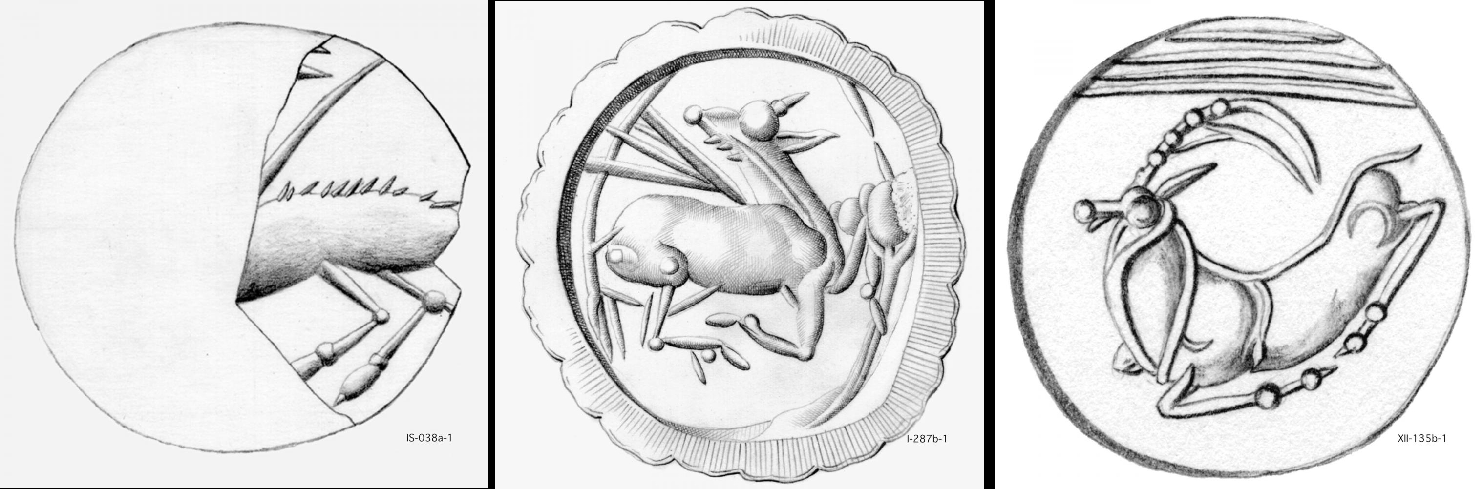 Fig. 2: A fragment of CMS IS
                           038a, the slightly damaged CMS I 287b, and the well preserved CMS XII 135b. The first seal
                           side depicts either a bovine or a goat, while the others show a goat. [Graphic by courtesy of the CMS Heidelberg.]
