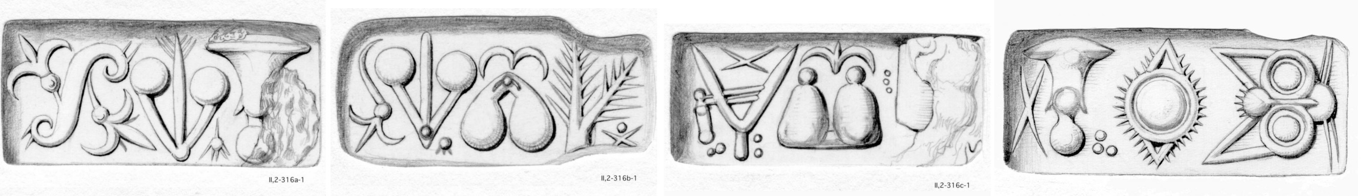 Fig. 5: The four sides of CMS
                           II,2 316 with Cretan hieroglyphs: CHIC 044, 049 | CHIC X, 029, 077, 049 |
                           CHIC X, 057, 034, 056? | CHIC X, 044, 005. [Graphic by courtesy of the CMS Heidelberg.]