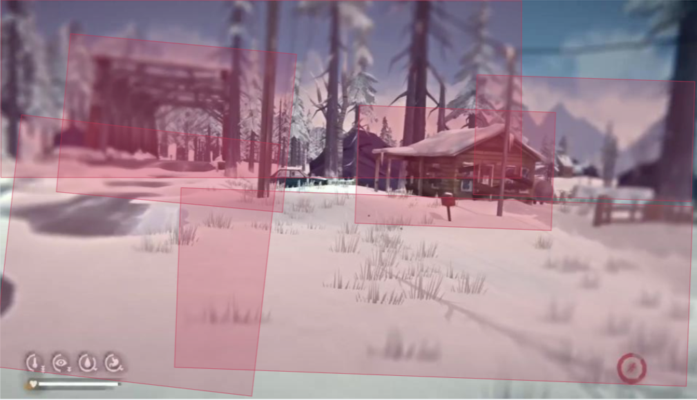 Fig. 5: Annotated key frame with
                        possible anchor regions wood, bridge, road, snowed meadow, building and
                        mountain range. Feature categories can be annotated in the data scheme of
                        Recogito, but not visualized as labels. Blurred edges in the field of
                        perception reflect that the avatar is hurt at the moment (bottom right
                        symbol). The four icons on the bottom left show the state of the four main
                        elements of the game mechanics: cold, tiredness, thirst and hunger. [Kremer
                        et al. 2022]