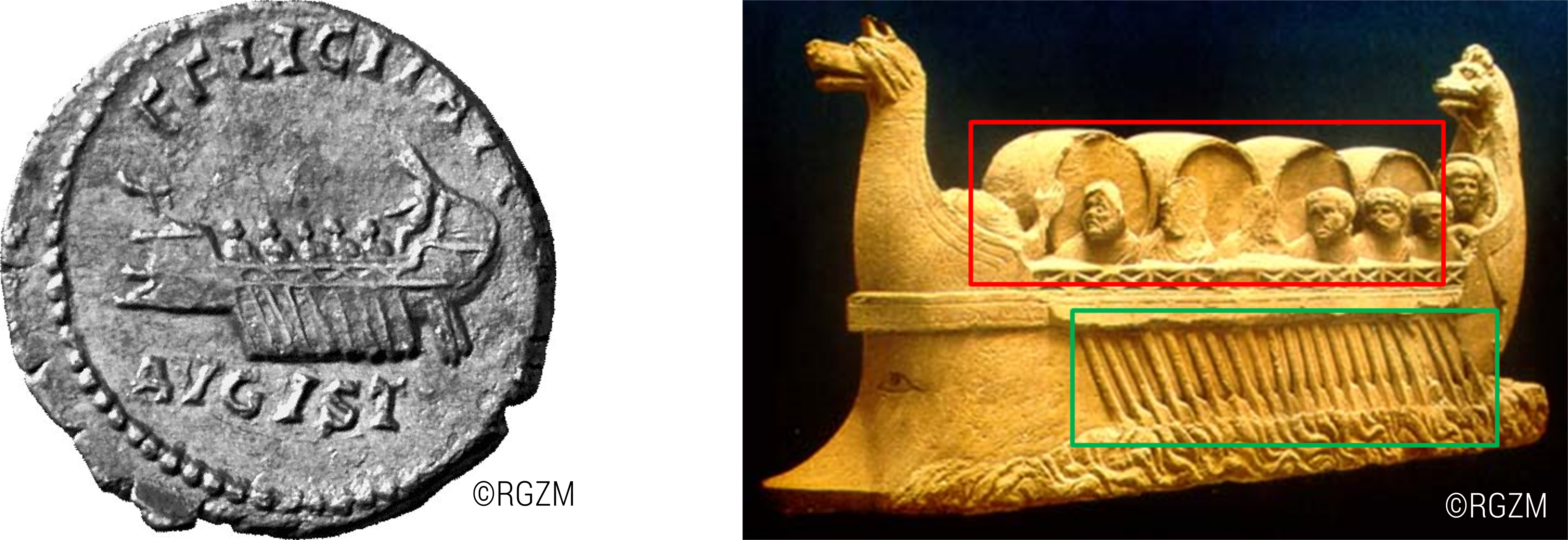 Abb. 14: links: Darstellung einer römischen
                           Münze mit Schiffsdarstellung (O41650 aus NAVIS III) und eines Monuments
                           (NeumagenMonument1 aus NAVIS II). [Eigene Darstellung, © RGZM, CC BY
                              4.0].