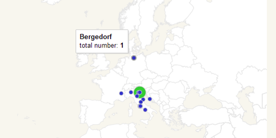 Abb. 6: Räumliche Verteilung aller Aspekte zu Venedig in der Musici-Datenbank.
                    Das Hover-Beispiel (nördlichster Punkt) zeigt, dass es einen Datenbankeintrag zu
                    Bergedorf gibt (der Geburtsort von Johann Adolf Hasse).Berti / zur Nieden / Roeder
                        2013.