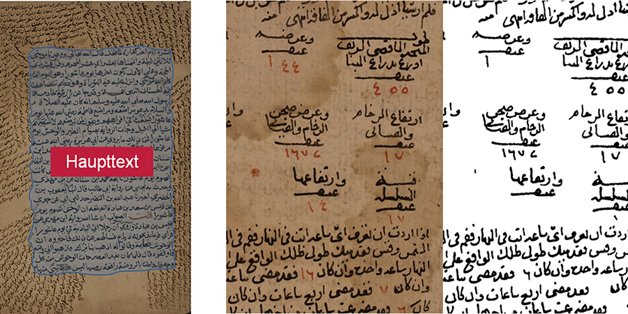 Abb. 1: Seite eines arabischen, historischen
                            Dokumentes mit Haupttext und vielen Kommentaren (links); Beispiel einer
                            Segmentierung der Handschrift mit Hilfe einer Binarisierung: Teil eines
                            Ausgangsbildes (Mitte) und binäres Ergebnisbild (rechts) (Quelle:
                            Autoren).