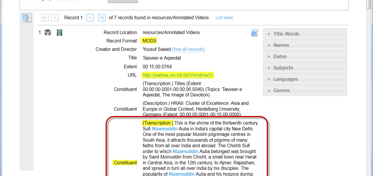 Abb. 15: Anzeige von Video
                                    Annotationen in einem Tamboti Datensatz. Screenshot, erstellt am
                                    30.10.2014, © HRA, CC-Lizenz 0. 