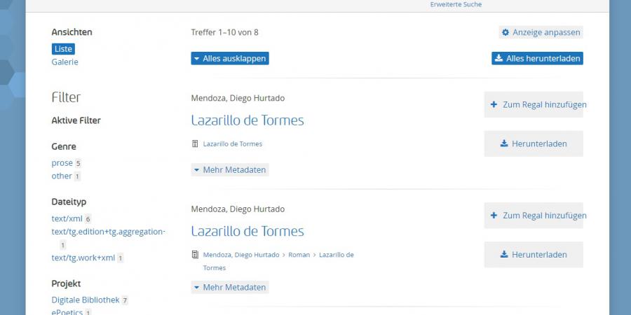 Abb. 2: Fensteransicht der Suchabfrage Lazarillo
                in TextGrid Repository.