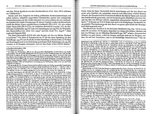 Abb. 2: In den Fußnoten listet Ehlert die
                                Parallelüberlieferungen von Rezepttexten für einzelne Sammlungen
                                auf. [Ehlert 1997a, S. 76f.]
