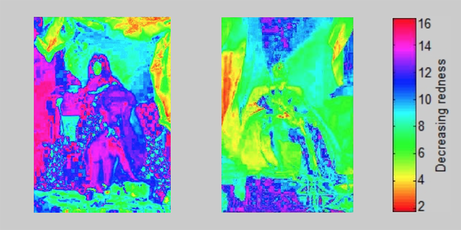 Abb. 21: Rotspektralanalysen, Hyacinthe
                                Rigaud, Ludwig XIV., 1701 (links), Friedrich
                                Amerling, Franz Joseph I., 1832 (rechts), die
                                Herrscherbilder unterscheiden sich in der statistischen
                                Standardabweichung der Farbwerte (Lab-Farbraum, 16
                                Farbklassen-Modell, Software Redcolor-Tool, HCI), im Bild von Rigaud
                                beträgt die Standardabweichung 3,88, im Bild von Amerling beträgt
                                sie 5,47 (Mittelwert 6,25) © Pippich 2012. 
