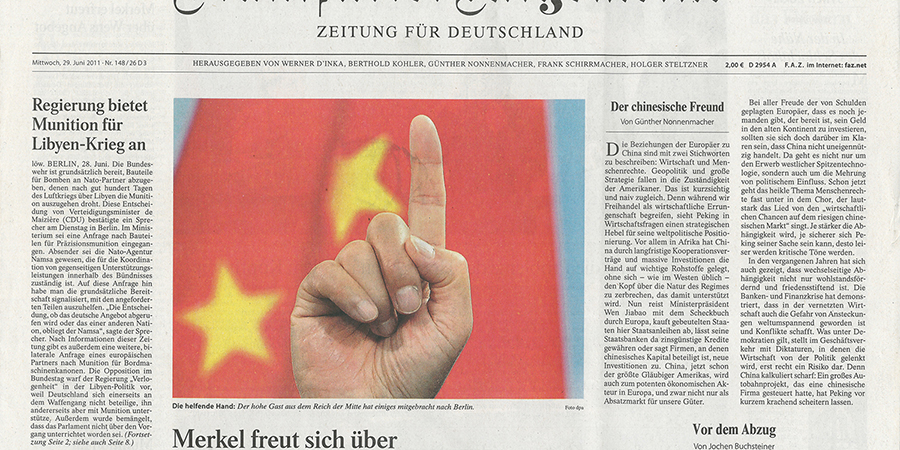Abb. 22: Frankfurter Allgemeine Zeitung,
                                Cover vom 29.06.2011, Wen Jiabao © dpa 2011. 