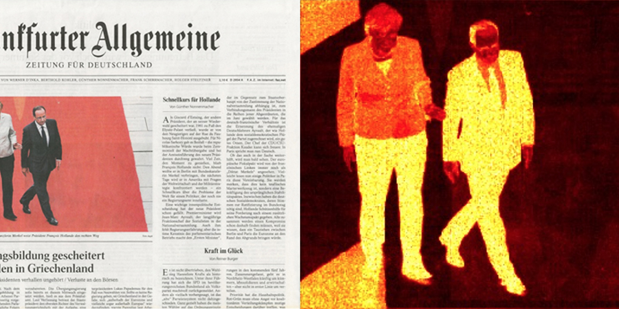 Abb. 23: Frankfurter Allgemeine Zeitung,
                                Cover vom 16.05.2012, Angela Merkel und François Hollande © dapd
                                2012, und Rotspektralanalyse (Lab-Farbraum, Software Redcolor-Tool,
                                HCI) © Ommer/Pippich 2012. 