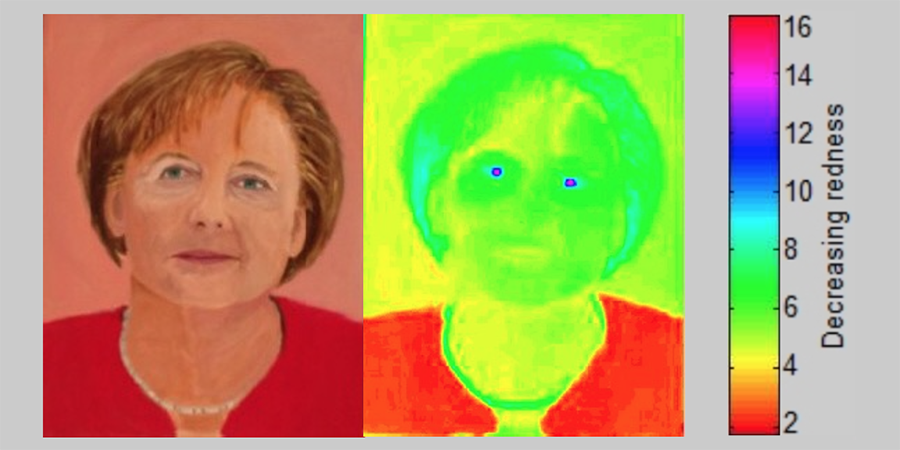 Abb. 26: George W. Bush, Angela Merkel, 2014 © Bush/Wade 2014, und
                                Spektralanalyse (Lab-Farbraum, Software Redcolor-Tool, HCI) ©
                                Ommer/Pippich 2014. 