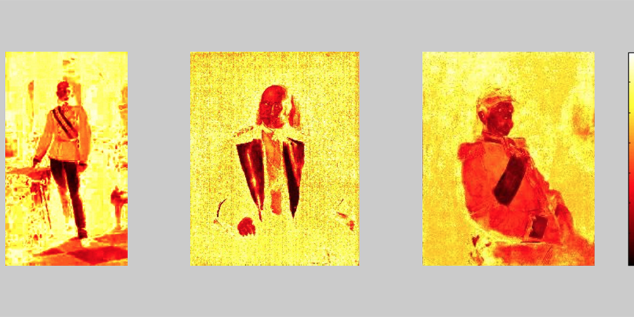 Abb. 29: Rotspektralanalysen (von links):
                                Franz Lenbach, Franz Joseph I., 1873, Franz
                                Lenbach, Wilhelm I., 1887, Franz Lenbach, Bismarck, 1890 (Messtechnologie:
                                Lab-Farbraum, 16 Farbklassen-Modell, Software Redcolor-Tool, Ommer
                                Lab, HCI) © Ommer/Pippich 2012.