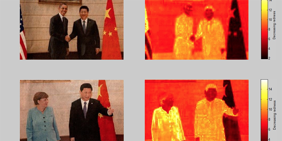 Abb. 30: Renmin Ribao, Cover vom
                                07.09.2013, Barack Obama und Xi Jinping © Peng Ju 2013, Angela
                                Merkel und Xi Jinping © Jingwen Huang 2013, und Rotspektralanalysen
                                (Lab-Farbraum, Software Redcolor-Tool, HCI) © Pippich 2013. 