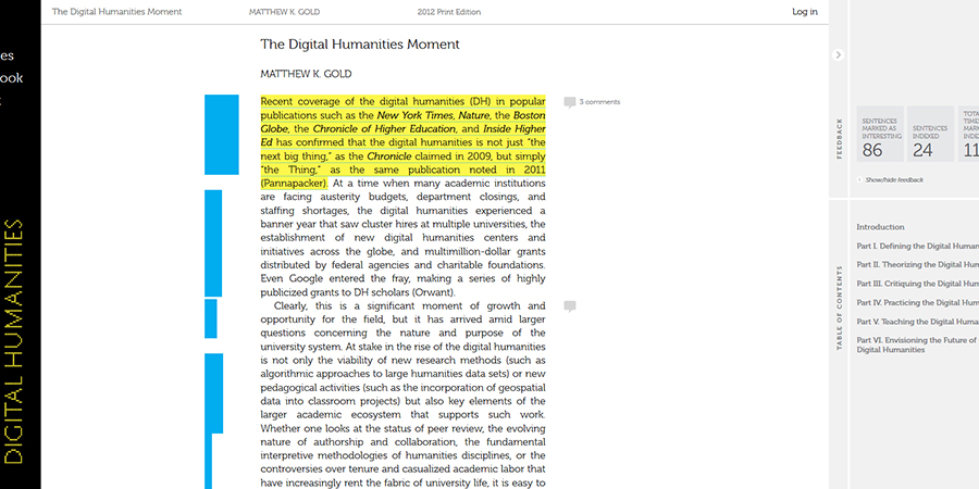 Abb. 1: Die Expanded Open Access-Edition
                                des Buches Debates in the
                                    Digital Humanities. Auszug aus: Matthew K. Gold: The
                                Digital Humanities Moment.