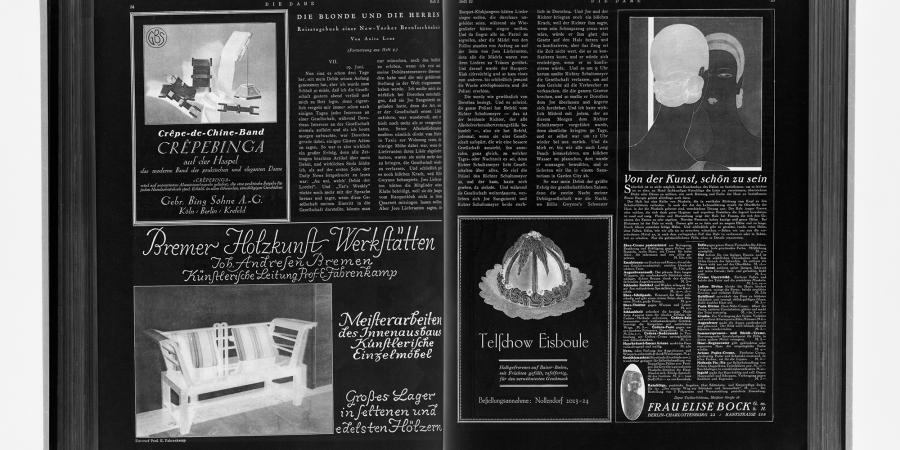 Abb. 1: Mediumspezifische Ordnungsform
                        Doppelseite, Beispiel Die Dame. Illustrierte Modezeitschrift
                        53 (1926), H. 10, S. 34–35. © Eigener Scan, 2017.