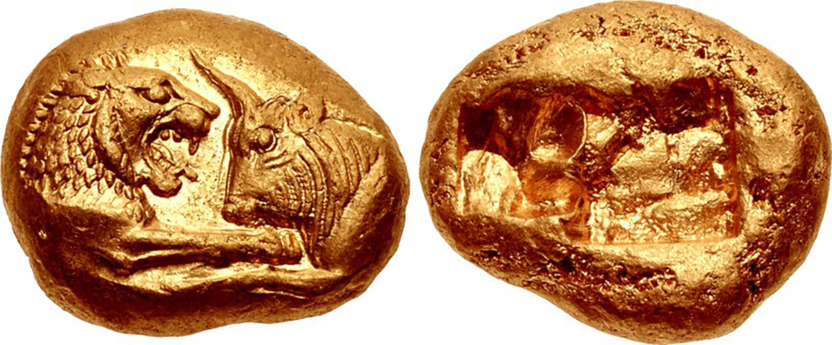 Fig. 1: Stater of Croesus, around 550 BC (16 mm, 10.76 g), minted in
                        Sardis. [Photograph: Classical Numismatic Group, Inc. http://www.cngcoins.com. CC BY-SA
                           3.0]