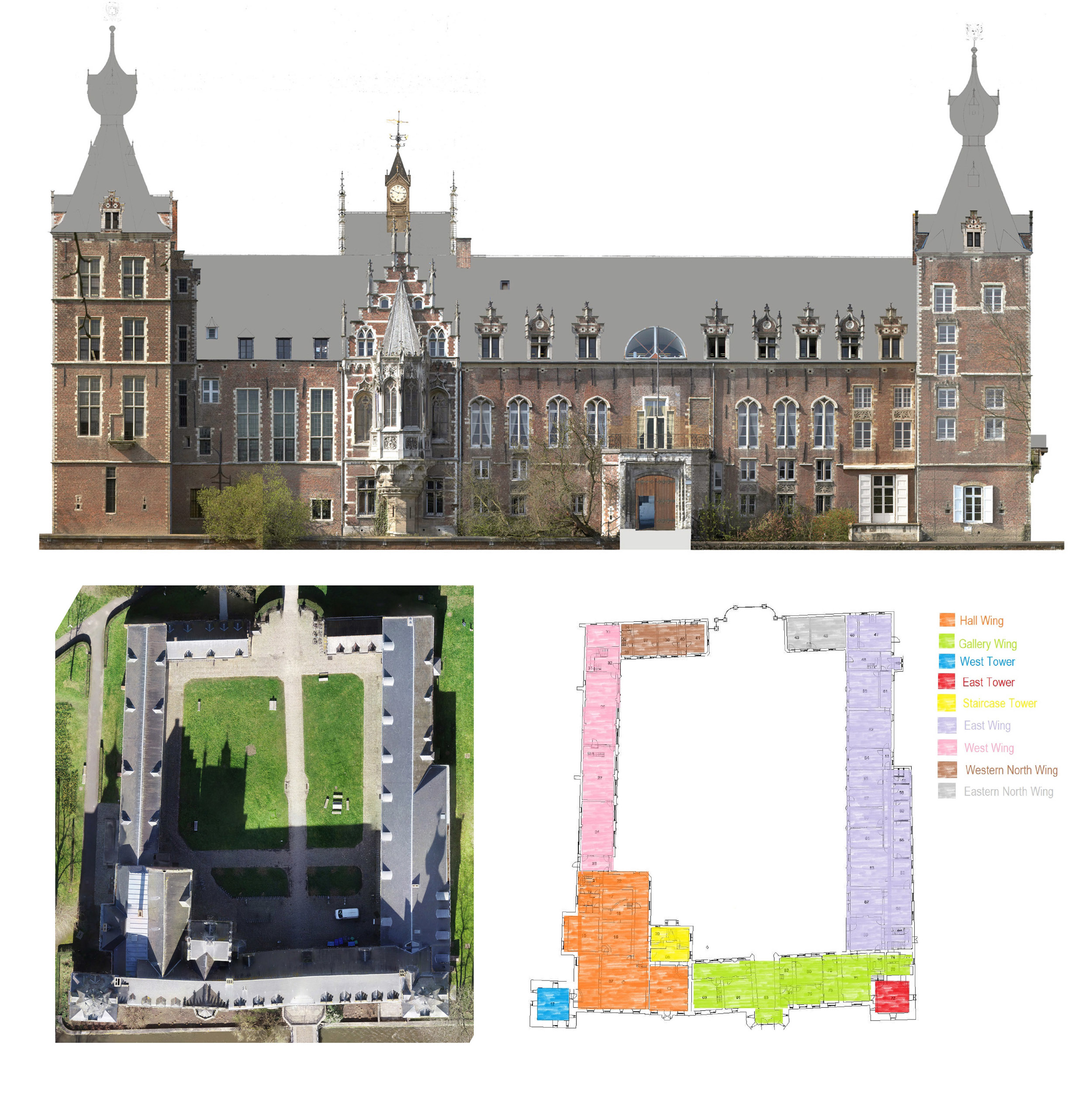 Fig. 3: South facade of Arenberg Castle, above [image: KU Leuven /
                              Koufopoulos et al. 2021]; aerial view of the main building, left [image: KU
                              Leuven / Koufopoulos et al. 2021]; floor plan of the ground floor with color
                              labeling of different structural units, right. [Image: atlas plan, KU
                              Leuven, Technical
                                 Services]