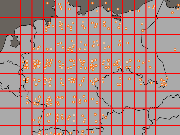 Abb. 4: Visualisierung der im Bomber’s Baedeker
                        benannten Zielstädte basierend auf den angegebenen zeitgenössischen
                        Geokoordinaten mittels DARIAH-DE Geo-Browser und Tableau. [Bach / Secco
                           2021]